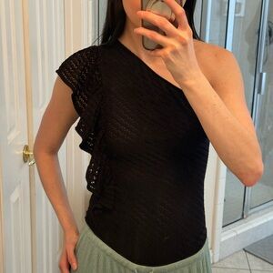 BCBGMAXAZRIA One-Shoulder Black Ruffle Knit Bodysuit XS
